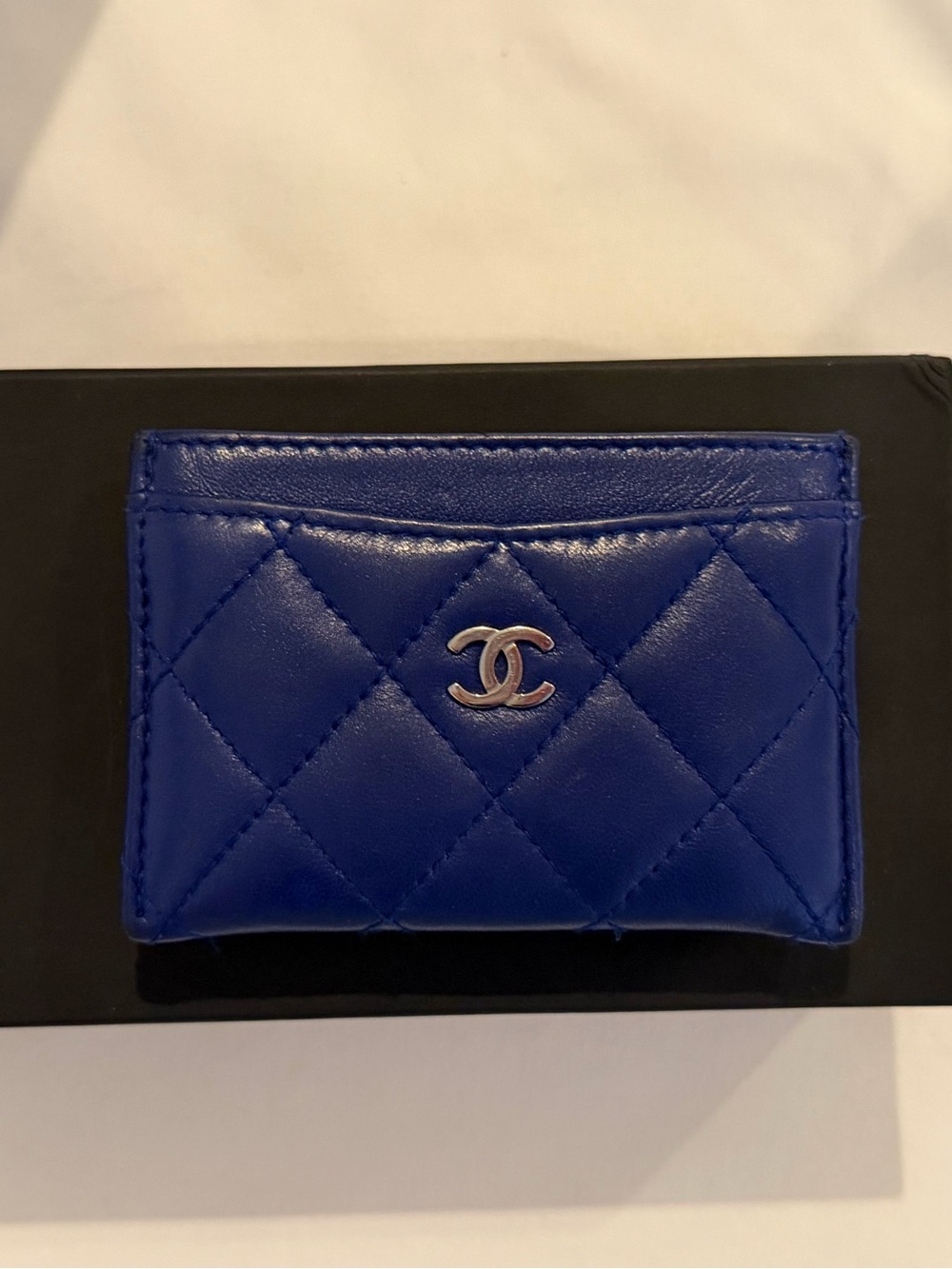 CHANEL Quilted Card Holder in Blue with Silver CC